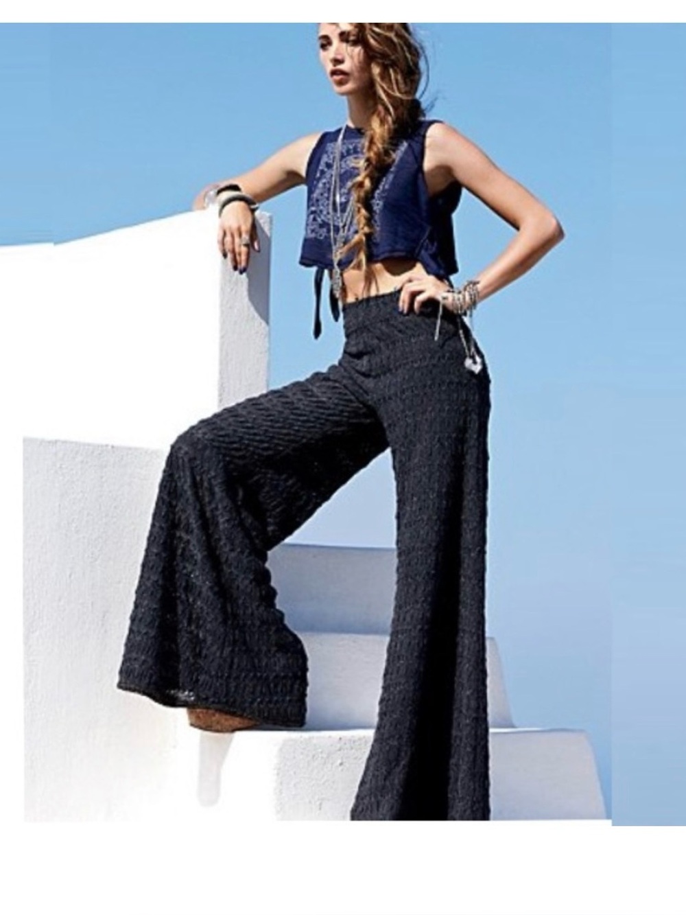 FREE People Gray Extreme Knit Crochet Pants Size 4 Wide Leg Flare
